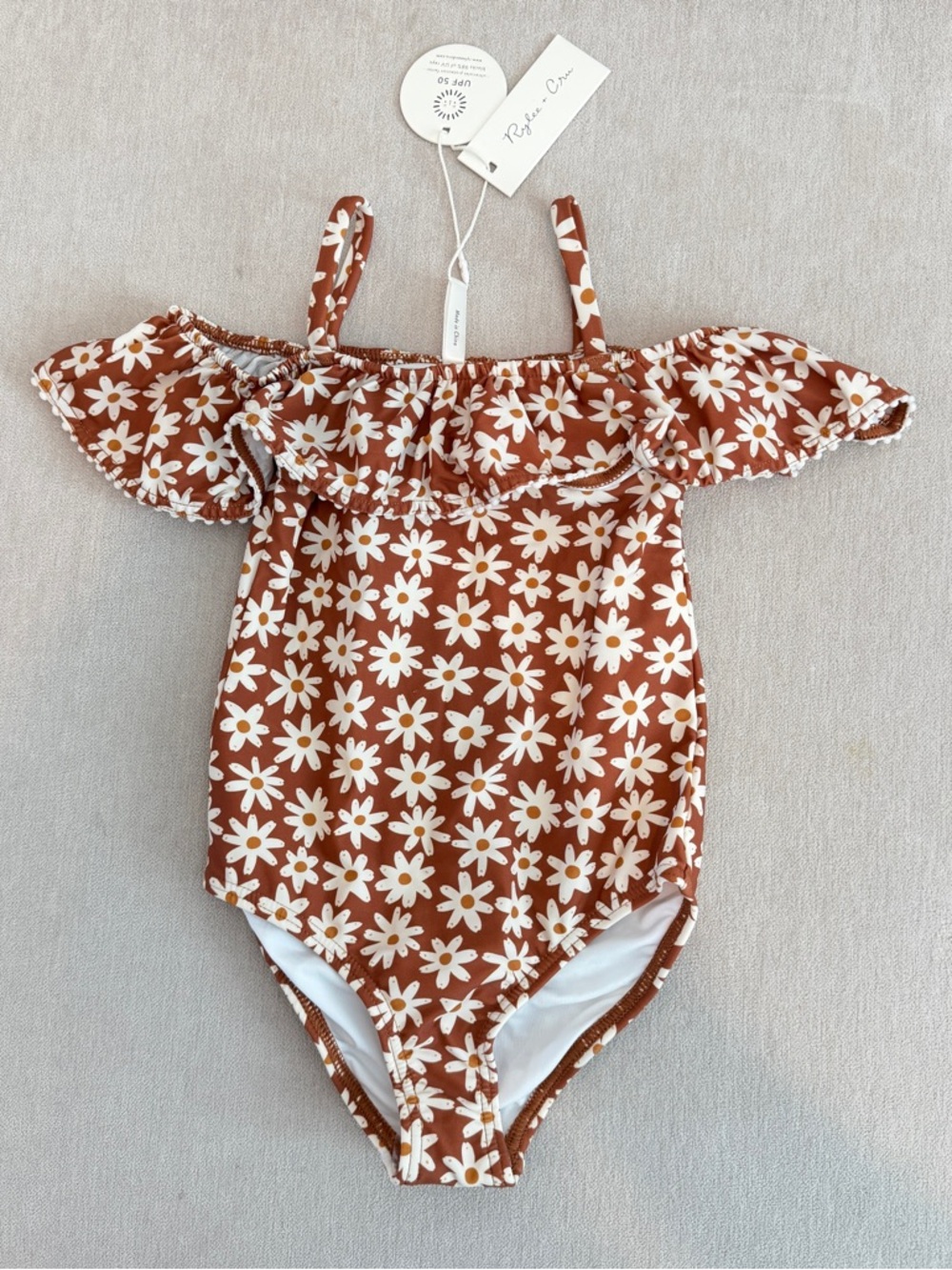 Rylee + Cru Daisy Print Off-Shoulder One-Piece Swimsuit - Brown & White